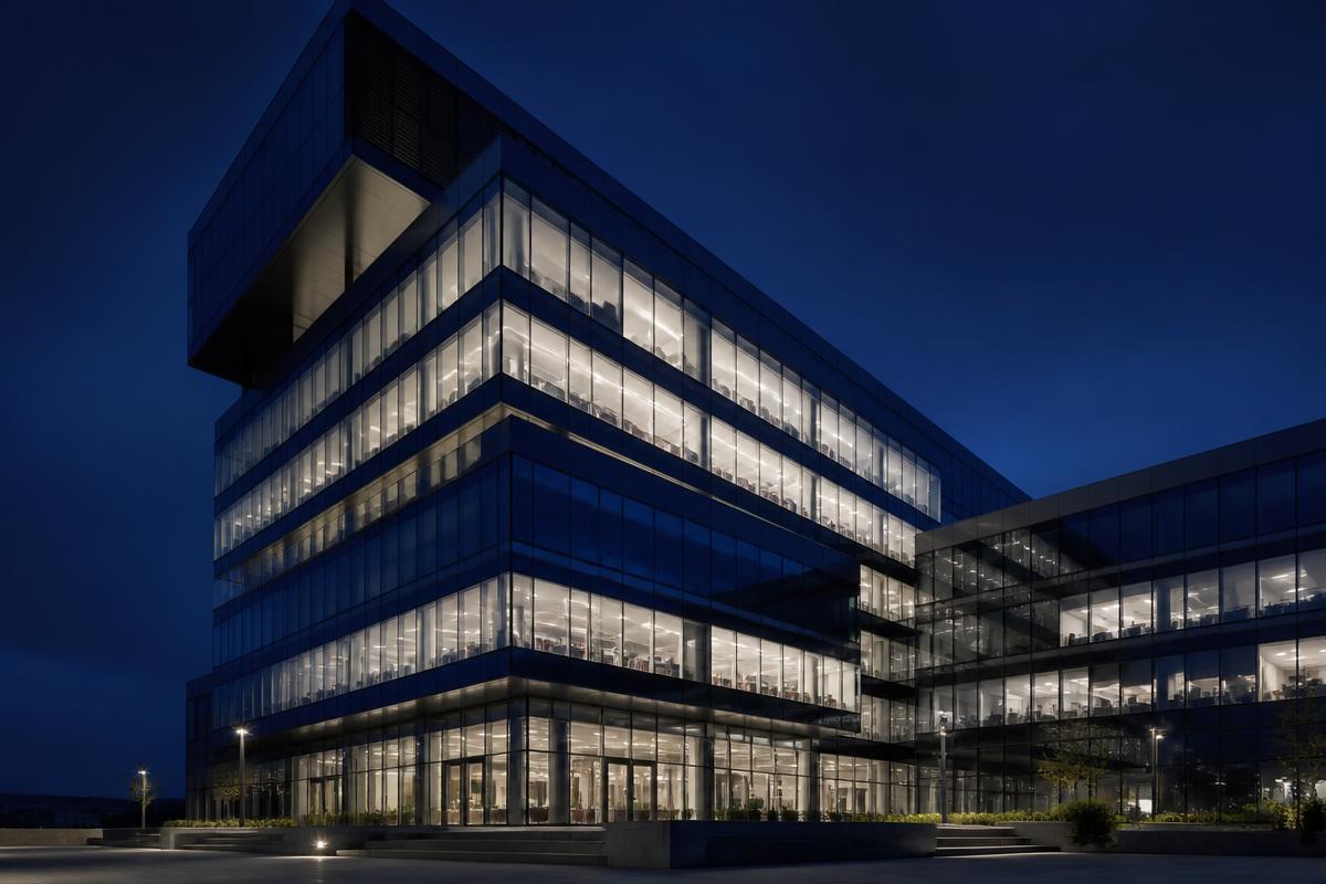 Modern commercial office building lit at night