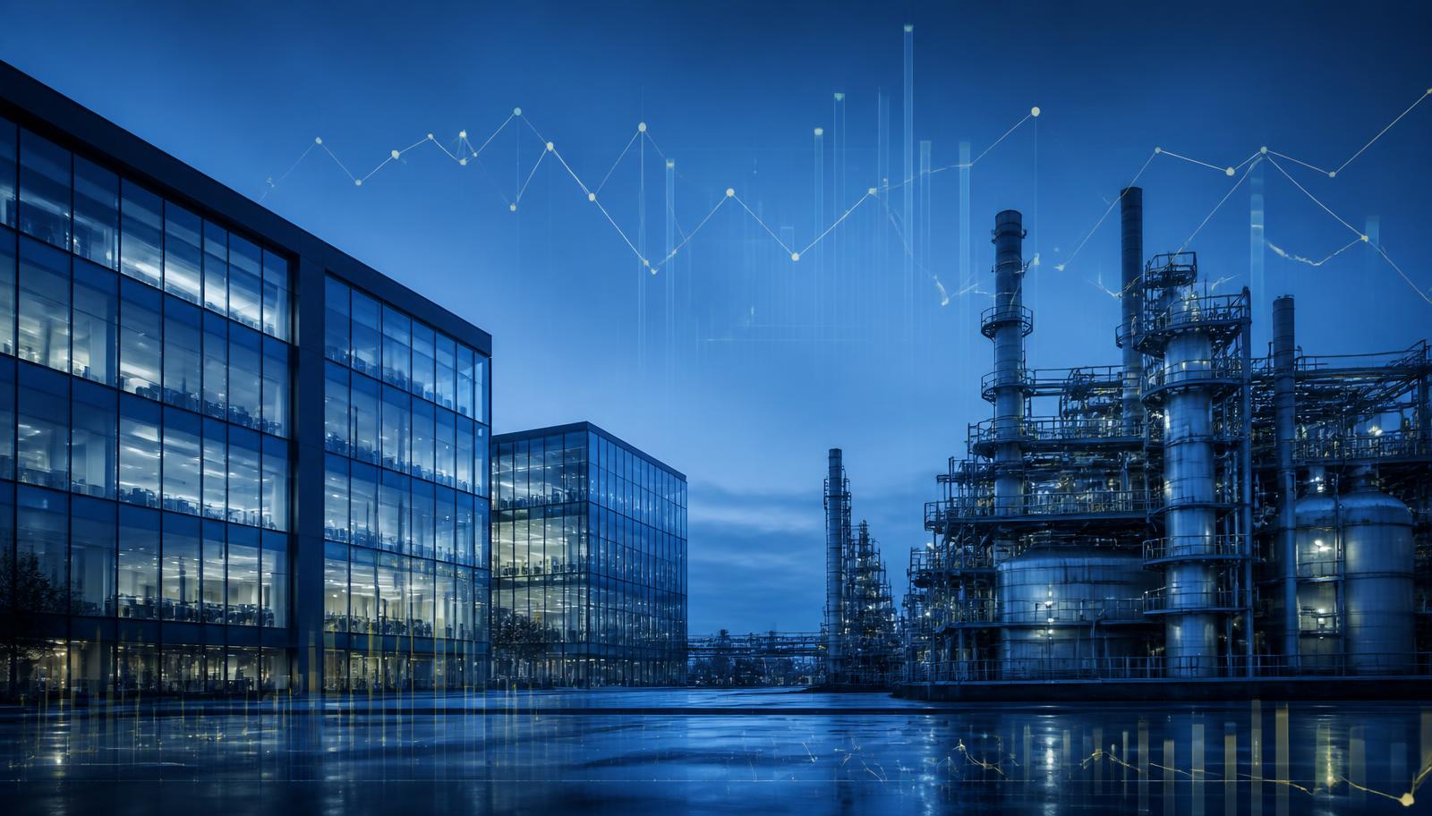 Commercial office building and industrial plant at dusk with electricity consumption data overlaid