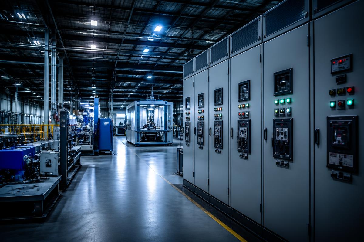 Industrial production hall with electrical switchgear cabinets