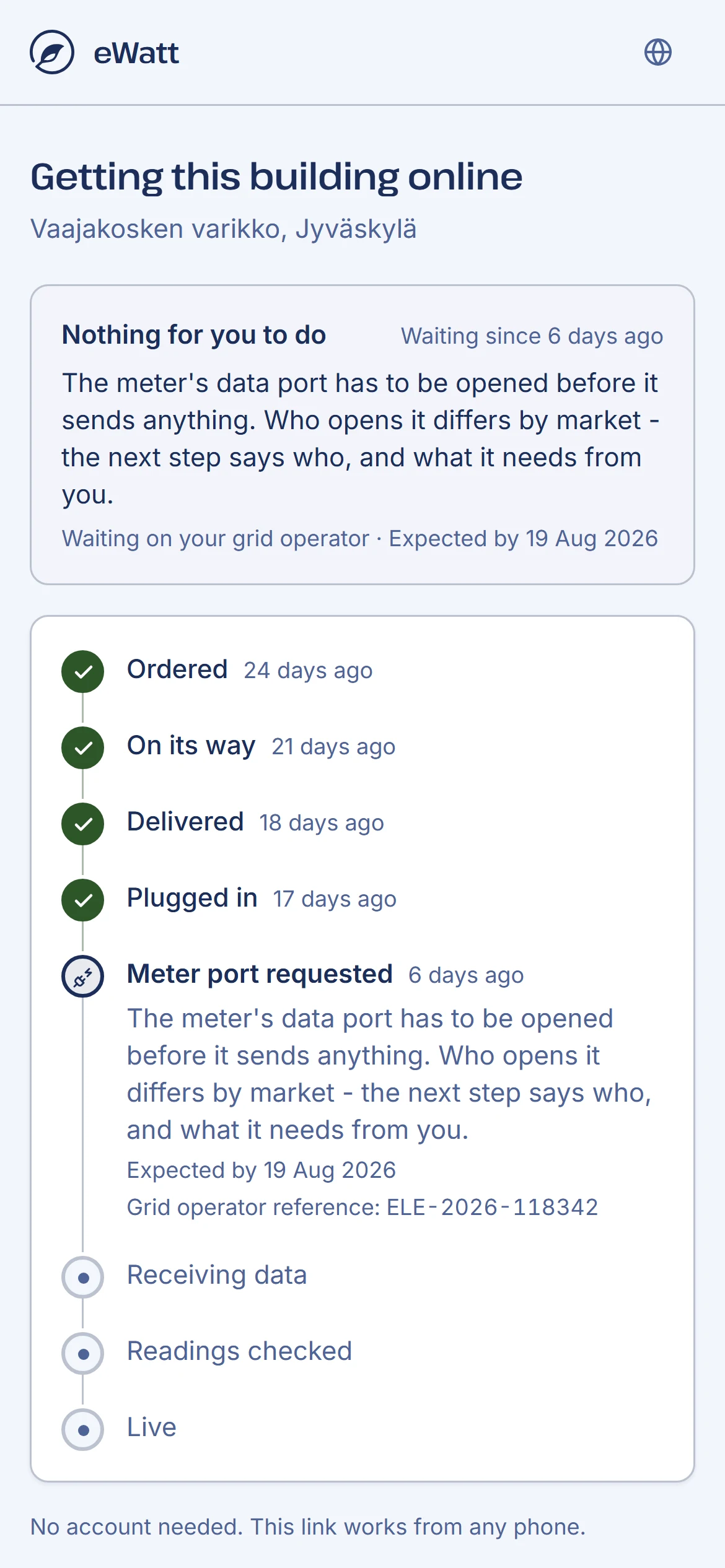The connection tracker on a phone, opened from a link with no account needed.