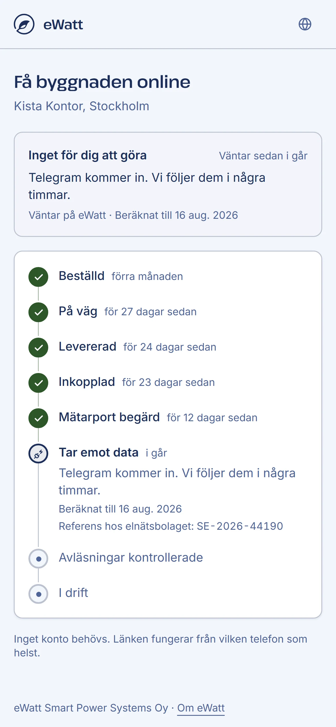 Spårningen i telefonen, öppnad från en länk utan att något konto behövs.